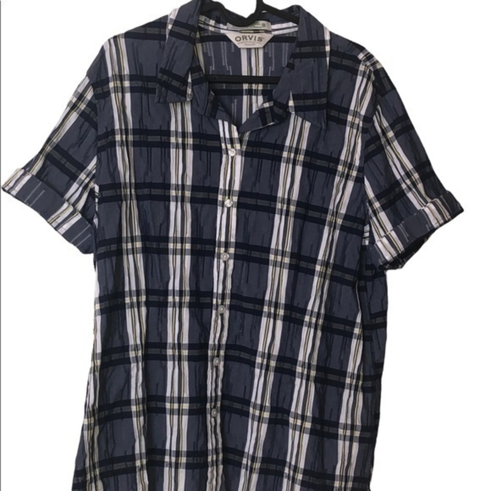 ORVIS NWOT blue and white madras plaid textured short sleeve button up shirt